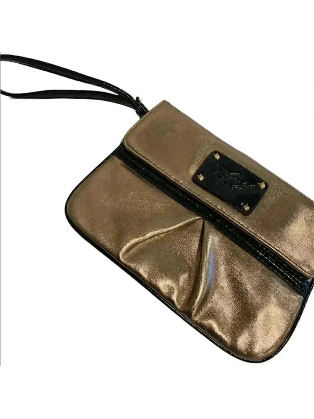 Sharif Metallic Bronze Wristlet Clutch with Logo Plaque